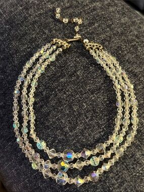 Vintage Crystal Bead Multi-Strand Choker Necklace - Clear/Silver Accent